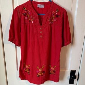 Vintage Embroidered Designs Red Floral Blouse